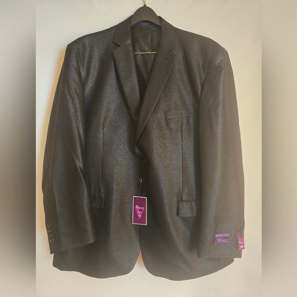 VINCI MEN'S 3-PIECE SUIT ZEGNA BLACK DESIGNED IN ITALY SUPER 15O'S SZ.50R 45W